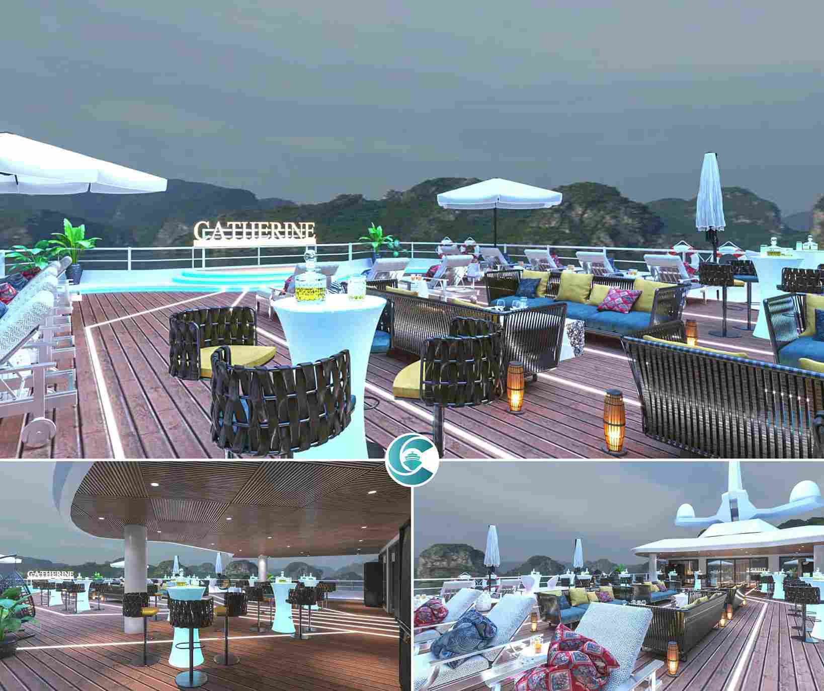 Rooftop bar với hệ thống đèn led hiện đại và sân khấu hoành tráng